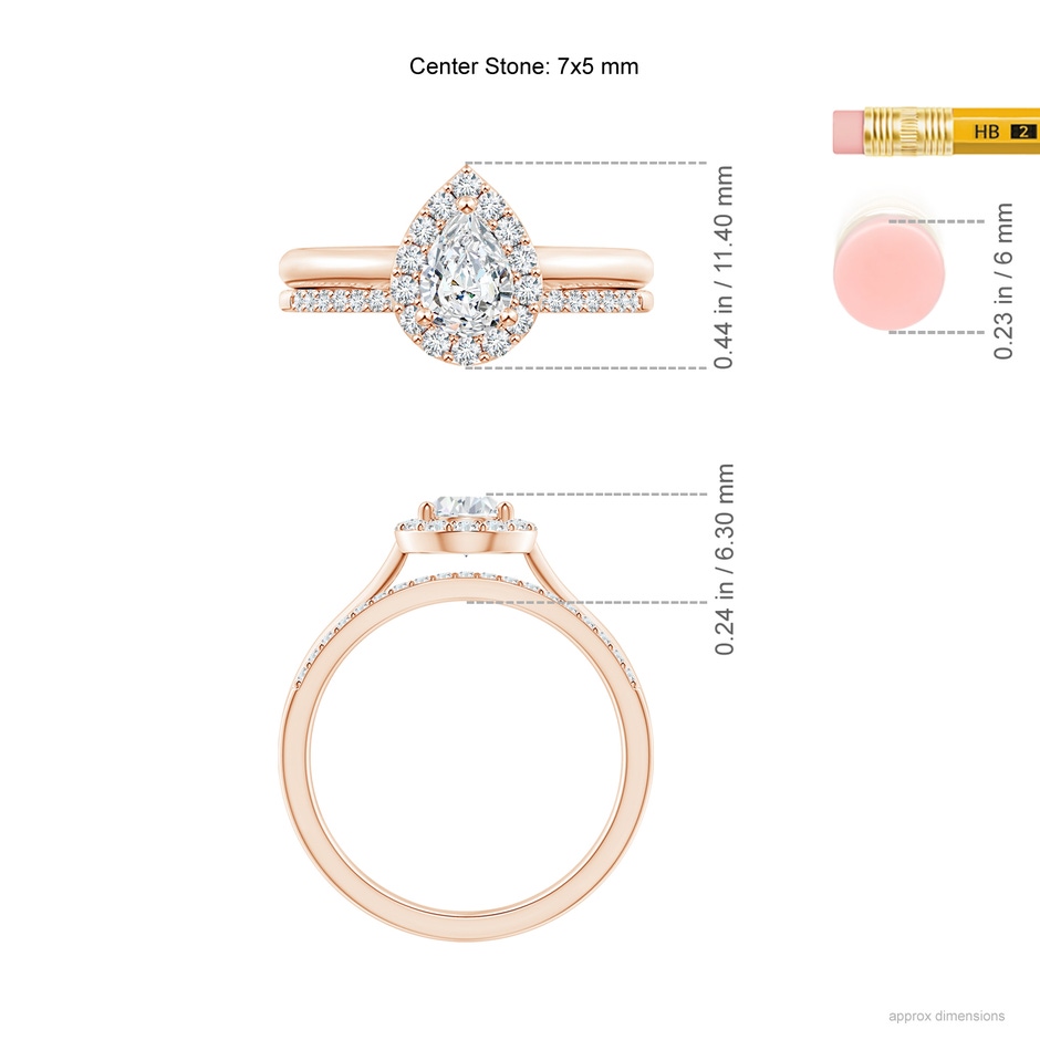 7x5mm GVS2 Pear-Shaped Diamond Halo Bridal Set in Rose Gold ruler