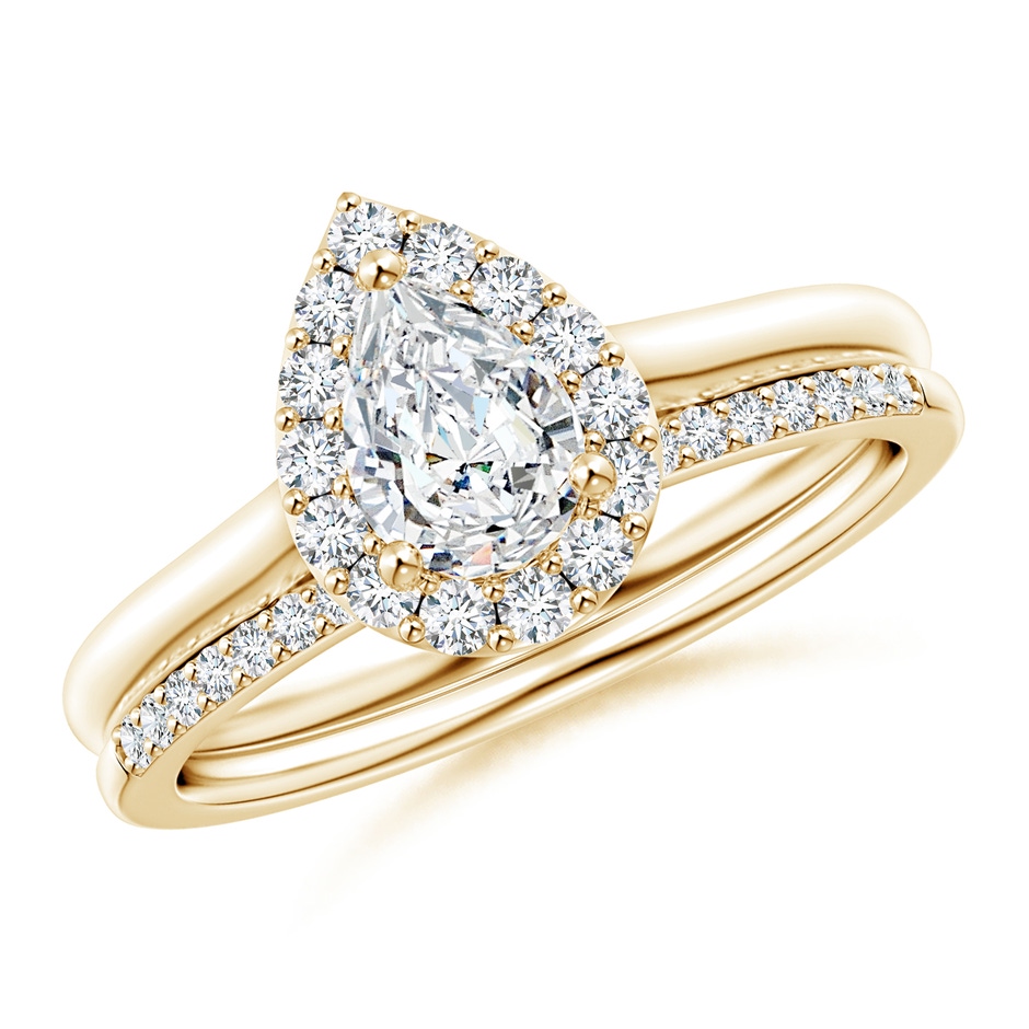 7x5mm GVS2 Pear-Shaped Diamond Halo Bridal Set in Yellow Gold 