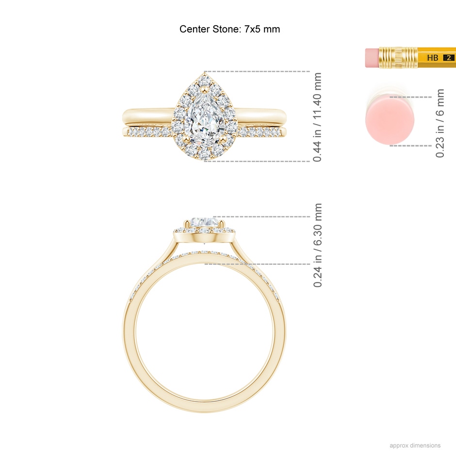 7x5mm GVS2 Pear-Shaped Diamond Halo Bridal Set in Yellow Gold ruler