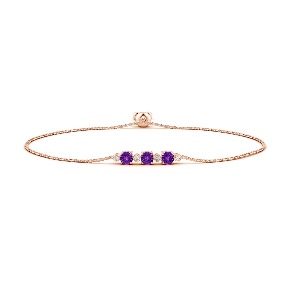 5mm AAAA Three Stone Round Amethyst Bracelet with Diamonds in Rose Gold