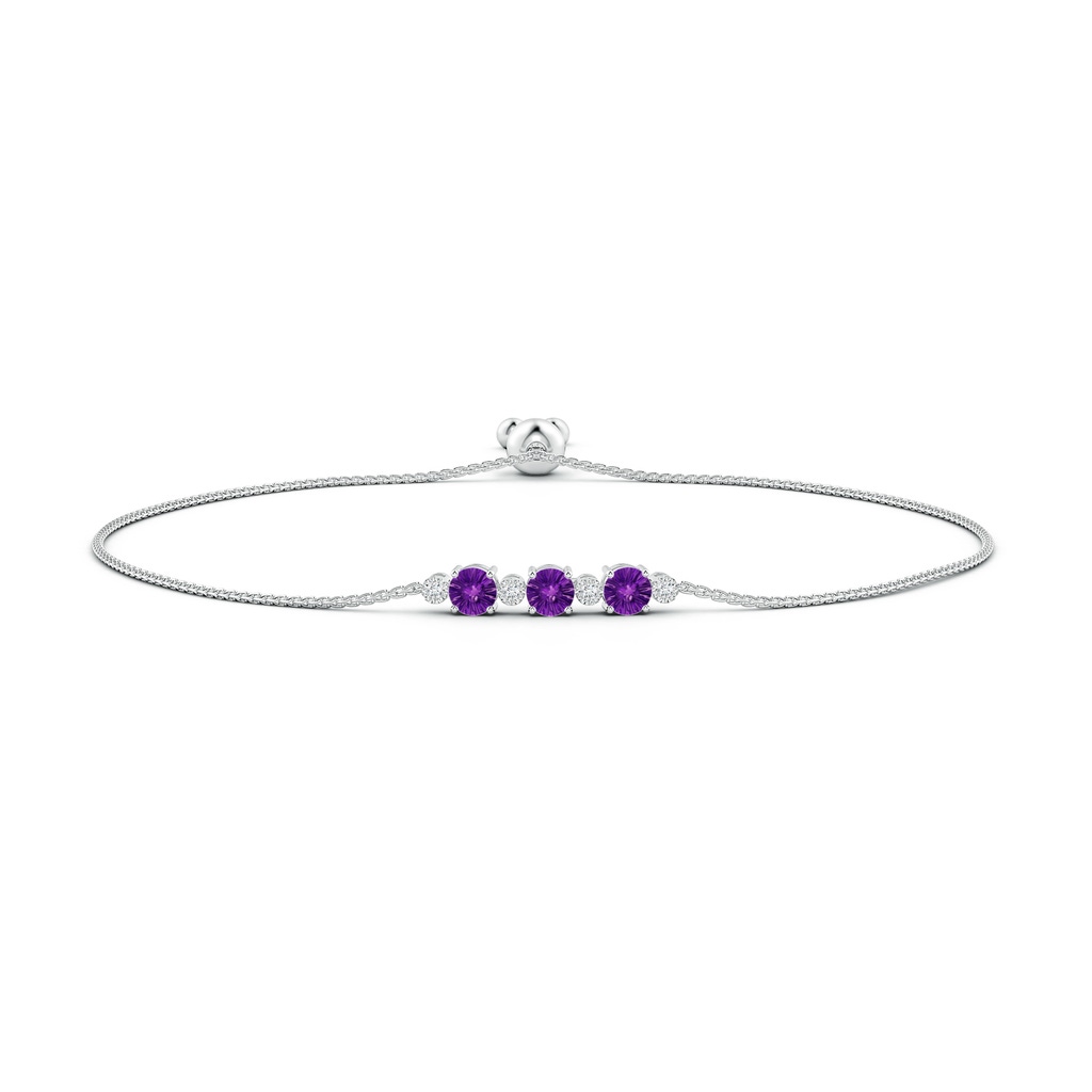 5mm AAAA Three Stone Round Amethyst Bracelet with Diamonds in White Gold