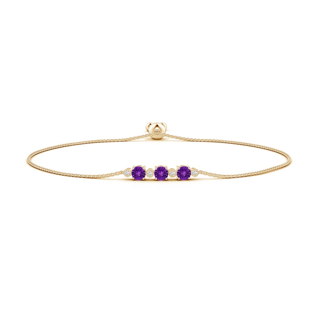 5mm AAAA Three Stone Round Amethyst Bracelet with Diamonds in Yellow Gold