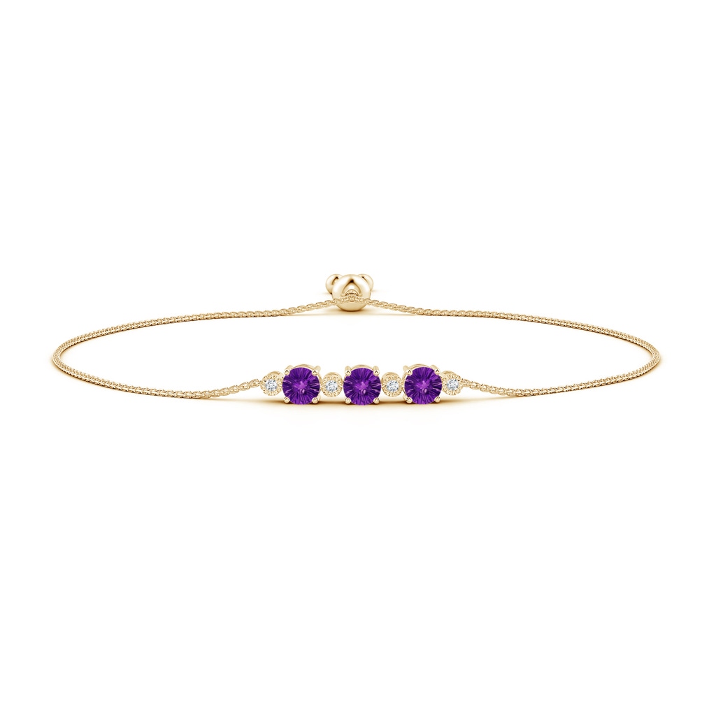 6mm AAAA Three Stone Round Amethyst Bracelet with Diamonds in Yellow Gold