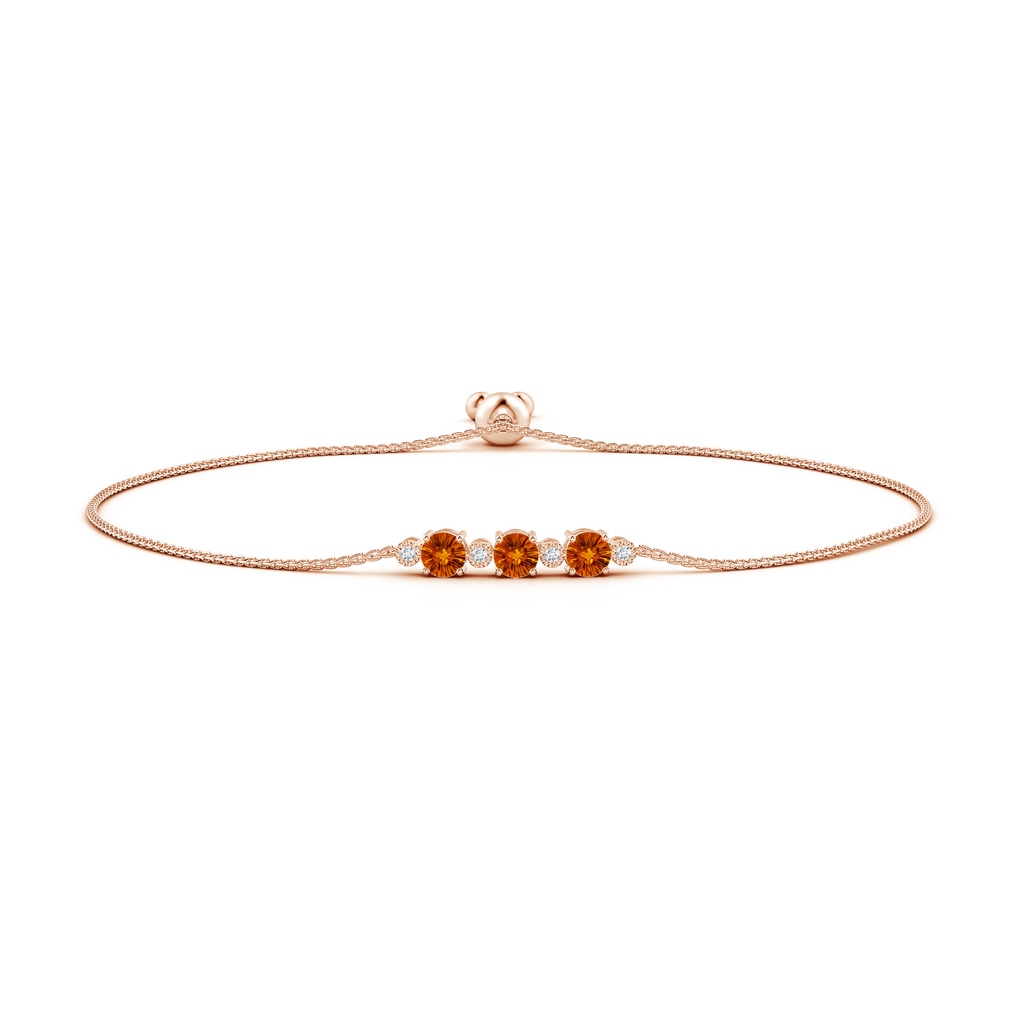 5mm AAAA Three Stone Round Citrine Bracelet with Diamonds in Rose Gold