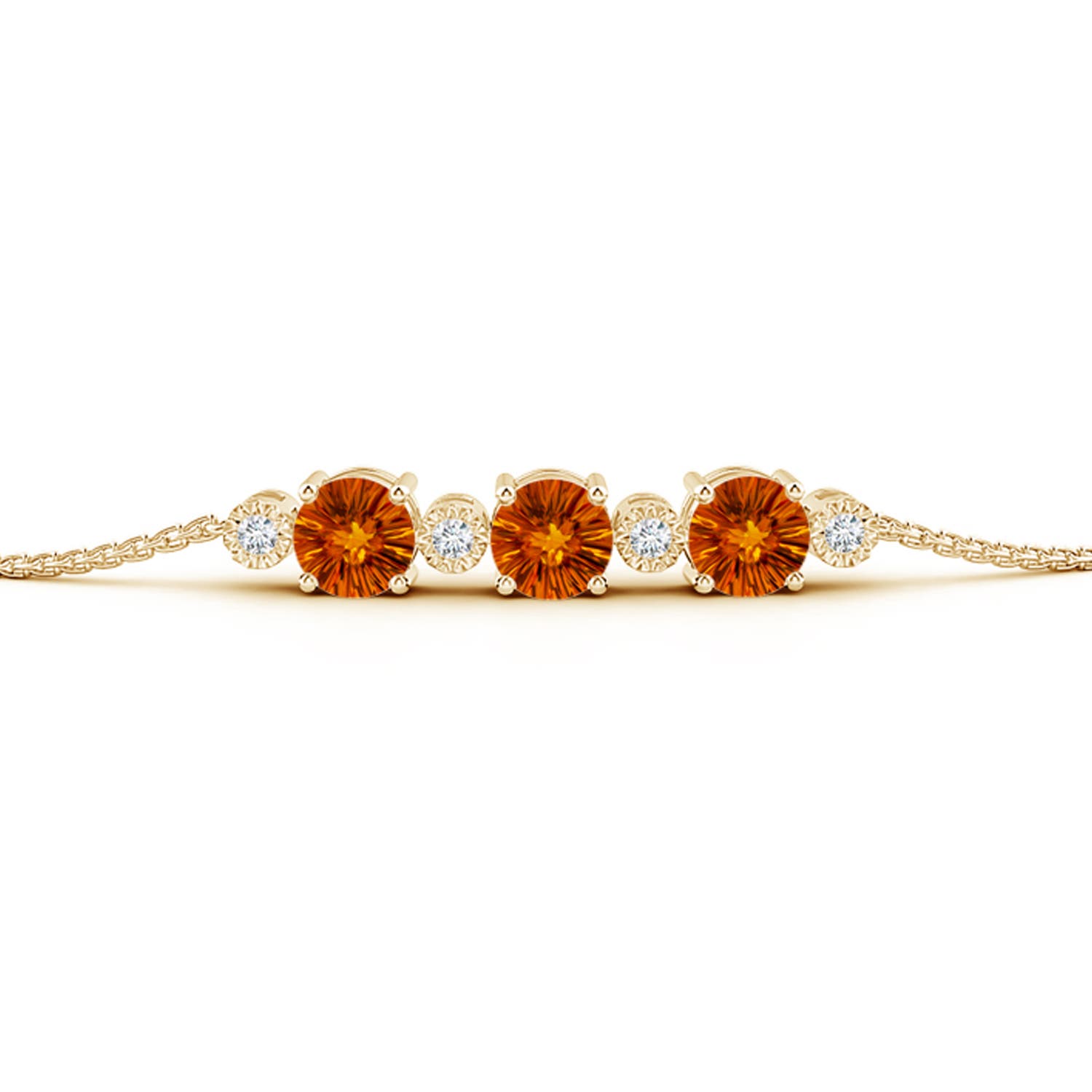 6mm AAAA Three Stone Round Citrine Bracelet with Diamonds in Yellow Gold