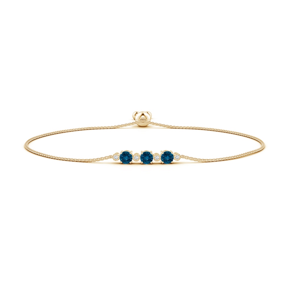 5mm AAAA Three Stone Round London Blue Topaz Bracelet with Diamonds in Yellow Gold