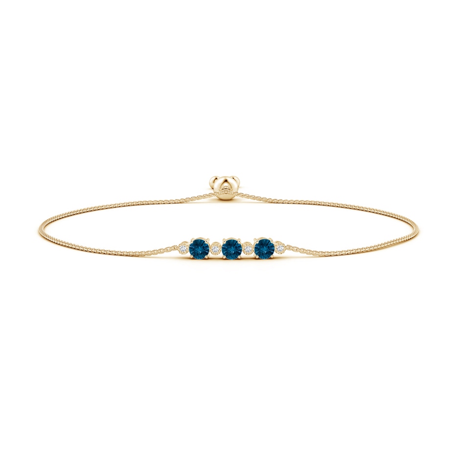 5mm AAAA Three Stone Round London Blue Topaz Bracelet with Diamonds in Yellow Gold 