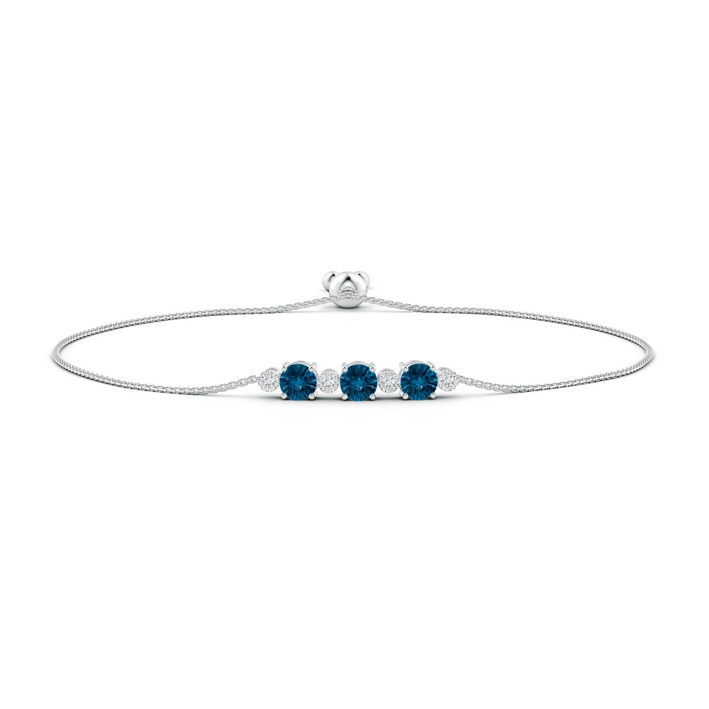 6mm AAAA Three Stone Round London Blue Topaz Bracelet with Diamonds in White Gold