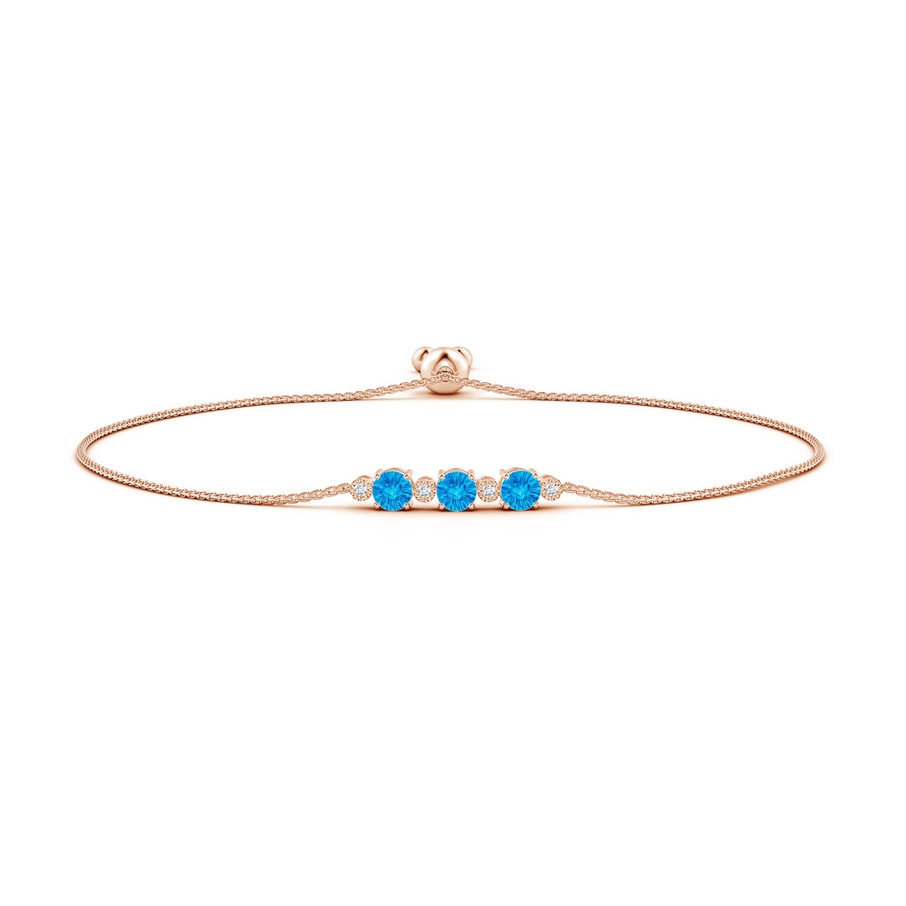 5mm AAAA Three Stone Round Swiss Blue Topaz Bracelet with Diamonds in Rose Gold