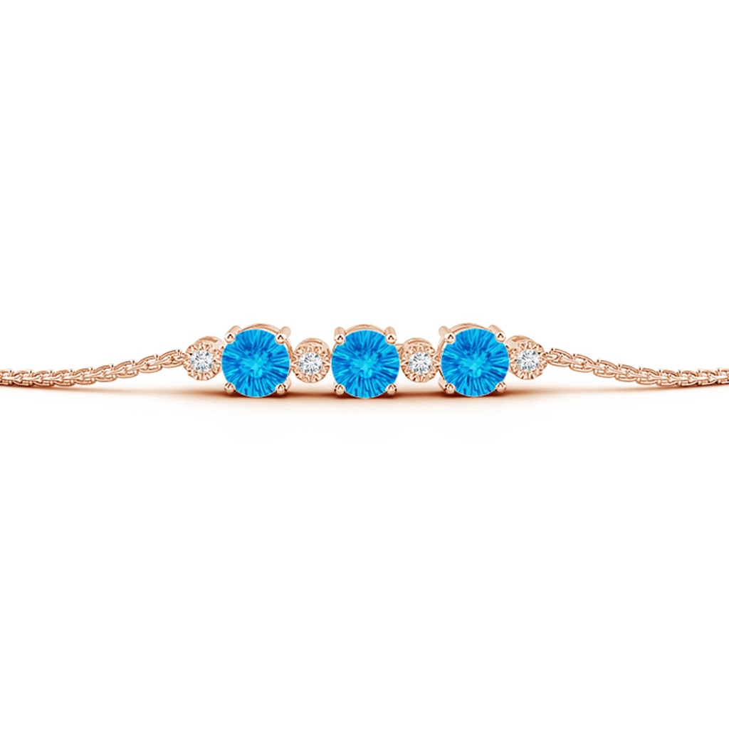 5mm AAAA Three Stone Round Swiss Blue Topaz Bracelet with Diamonds in Rose Gold - side_1