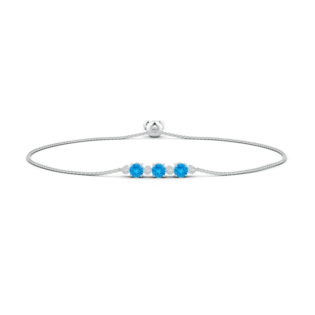 5mm AAAA Three Stone Round Swiss Blue Topaz Bracelet with Diamonds in White Gold