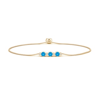 5mm AAAA Three Stone Round Swiss Blue Topaz Bracelet with Diamonds in Yellow Gold