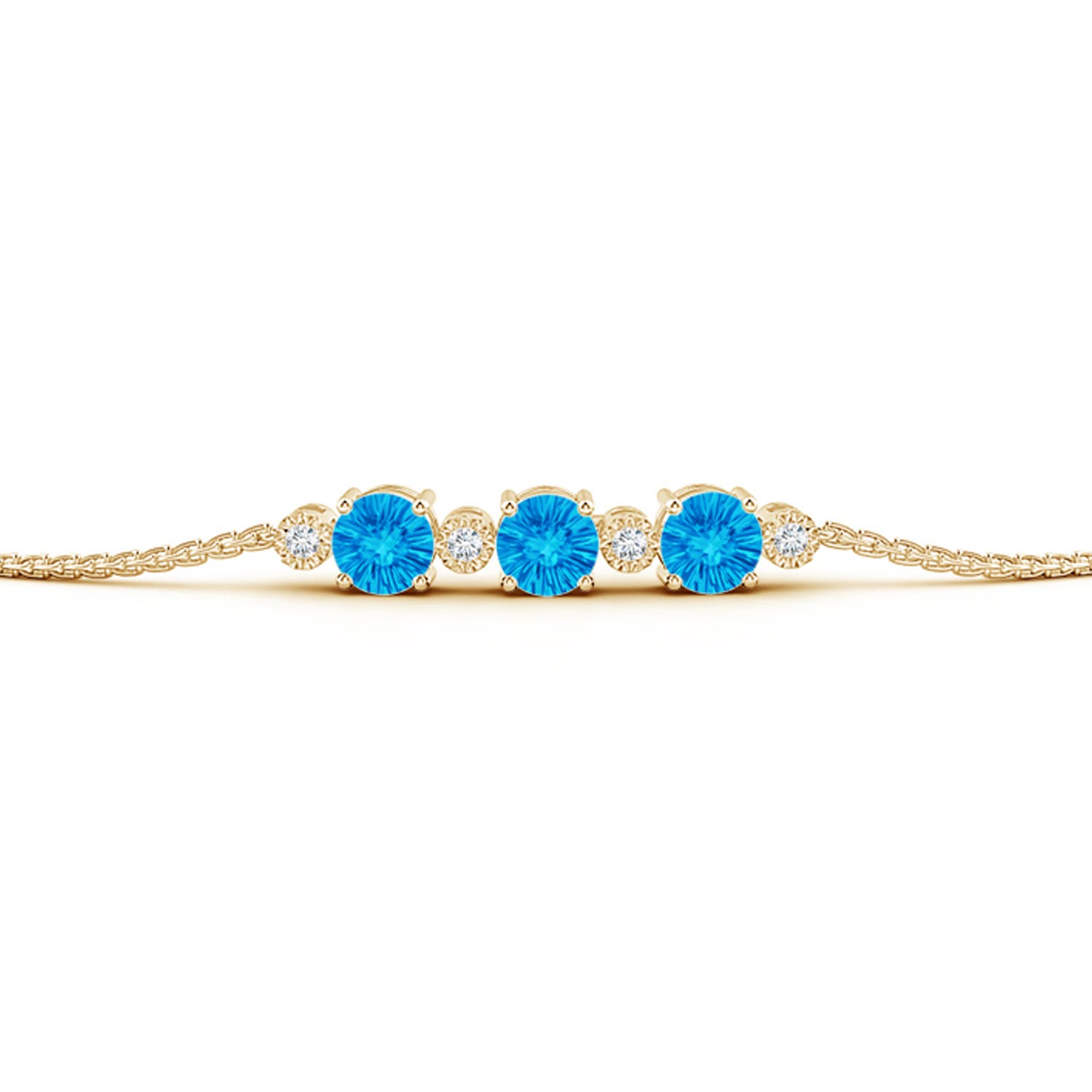 5mm AAAA Three Stone Round Swiss Blue Topaz Bracelet with Diamonds in Yellow Gold - side 1