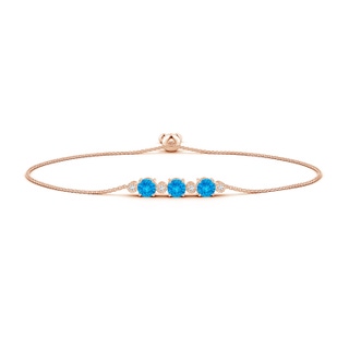 6mm AAAA Three Stone Round Swiss Blue Topaz Bracelet with Diamonds in Rose Gold