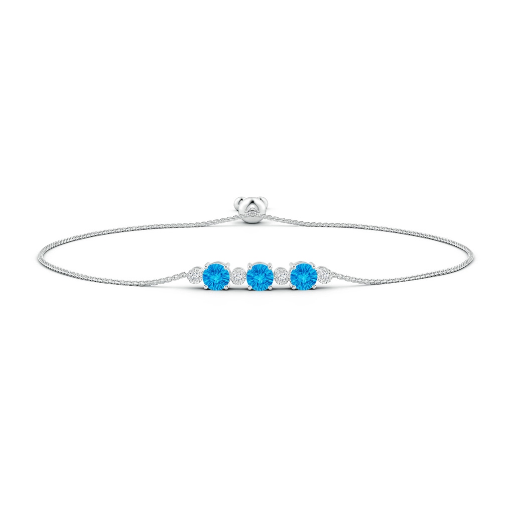 6mm AAAA Three Stone Round Swiss Blue Topaz Bracelet with Diamonds in White Gold