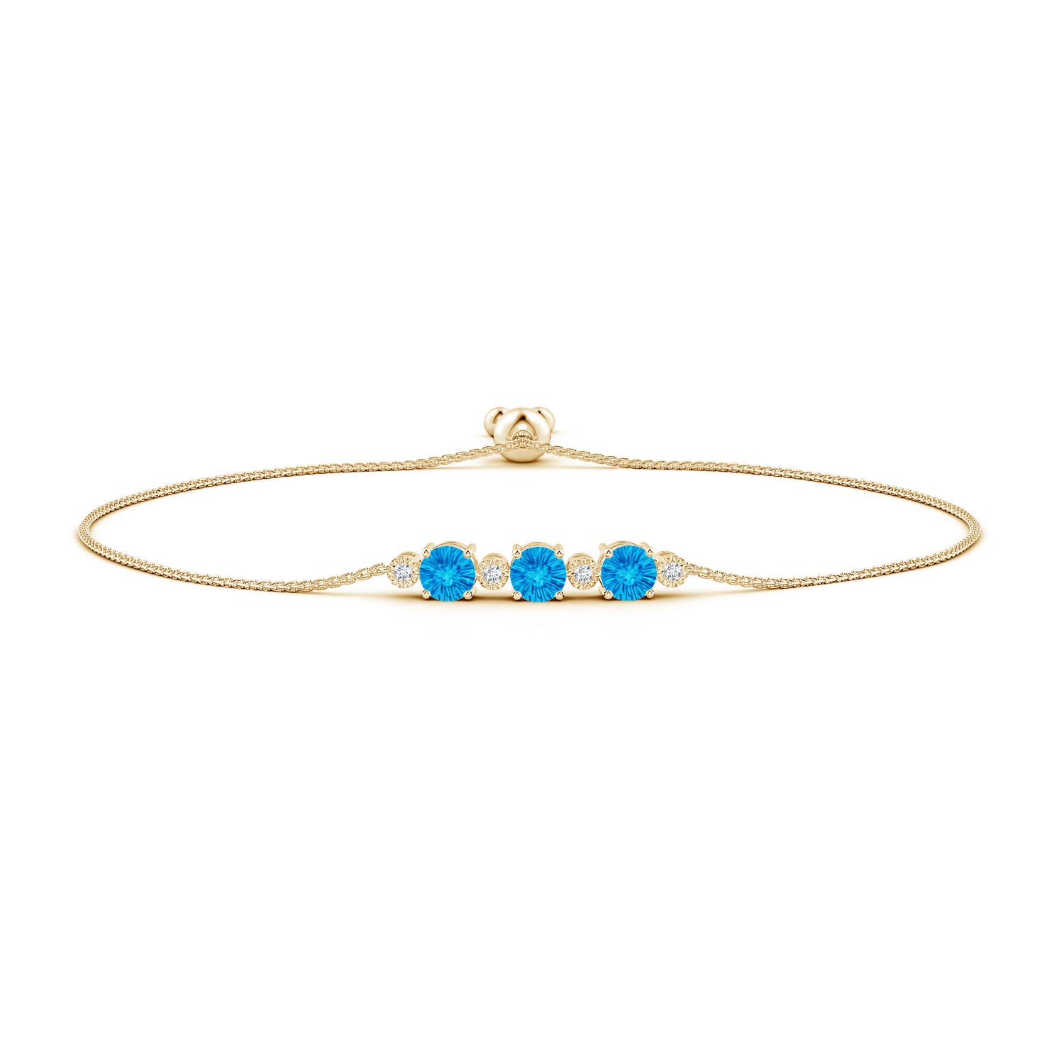 6mm AAAA Three Stone Round Swiss Blue Topaz Bracelet with Diamonds in Yellow Gold
