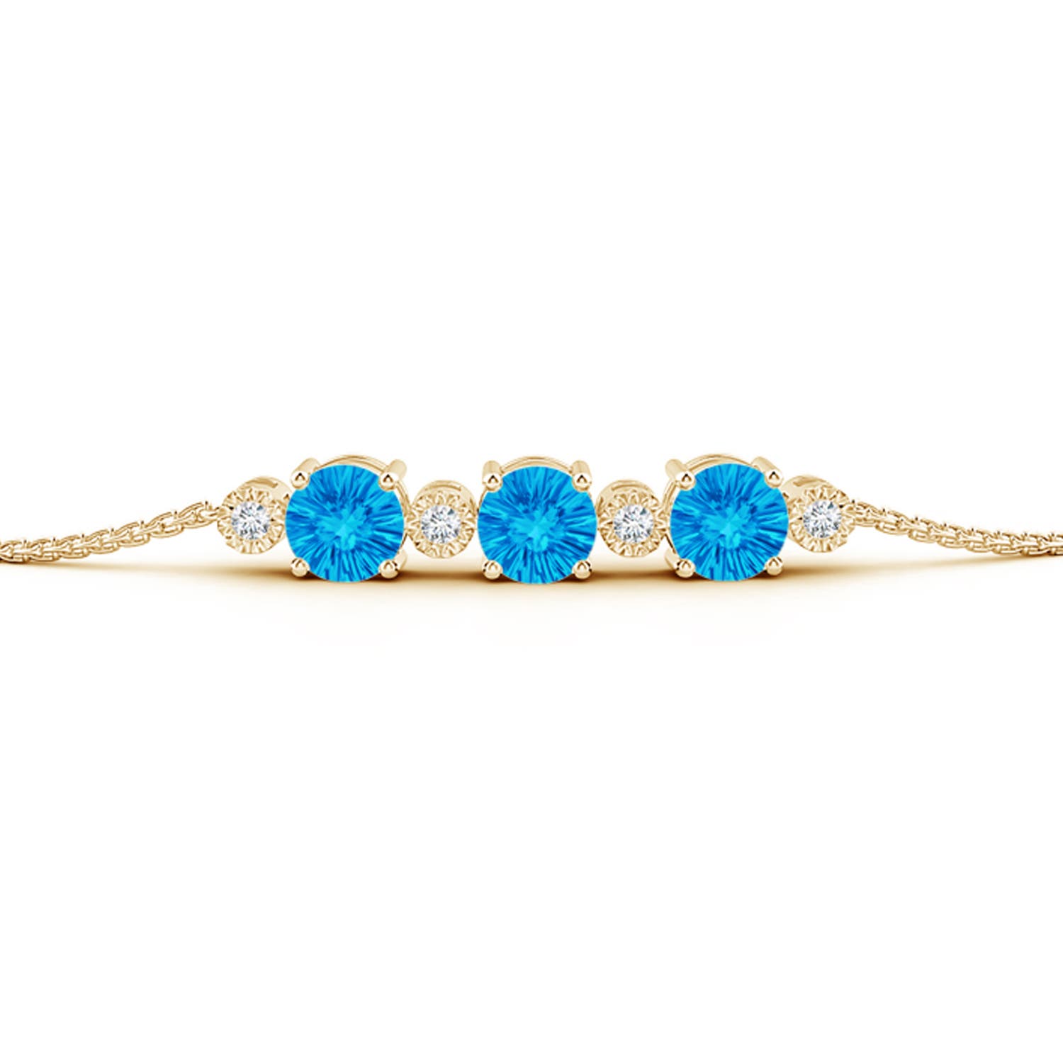 6mm AAAA Three Stone Round Swiss Blue Topaz Bracelet with Diamonds in Yellow Gold
