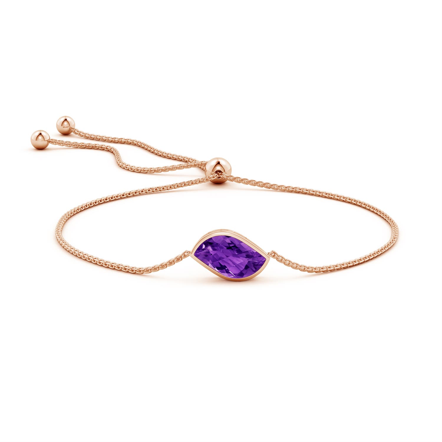 15x9mm AAAA Bezel-Set Leaf-Shaped Amethyst Bolo Bracelet in Rose Gold