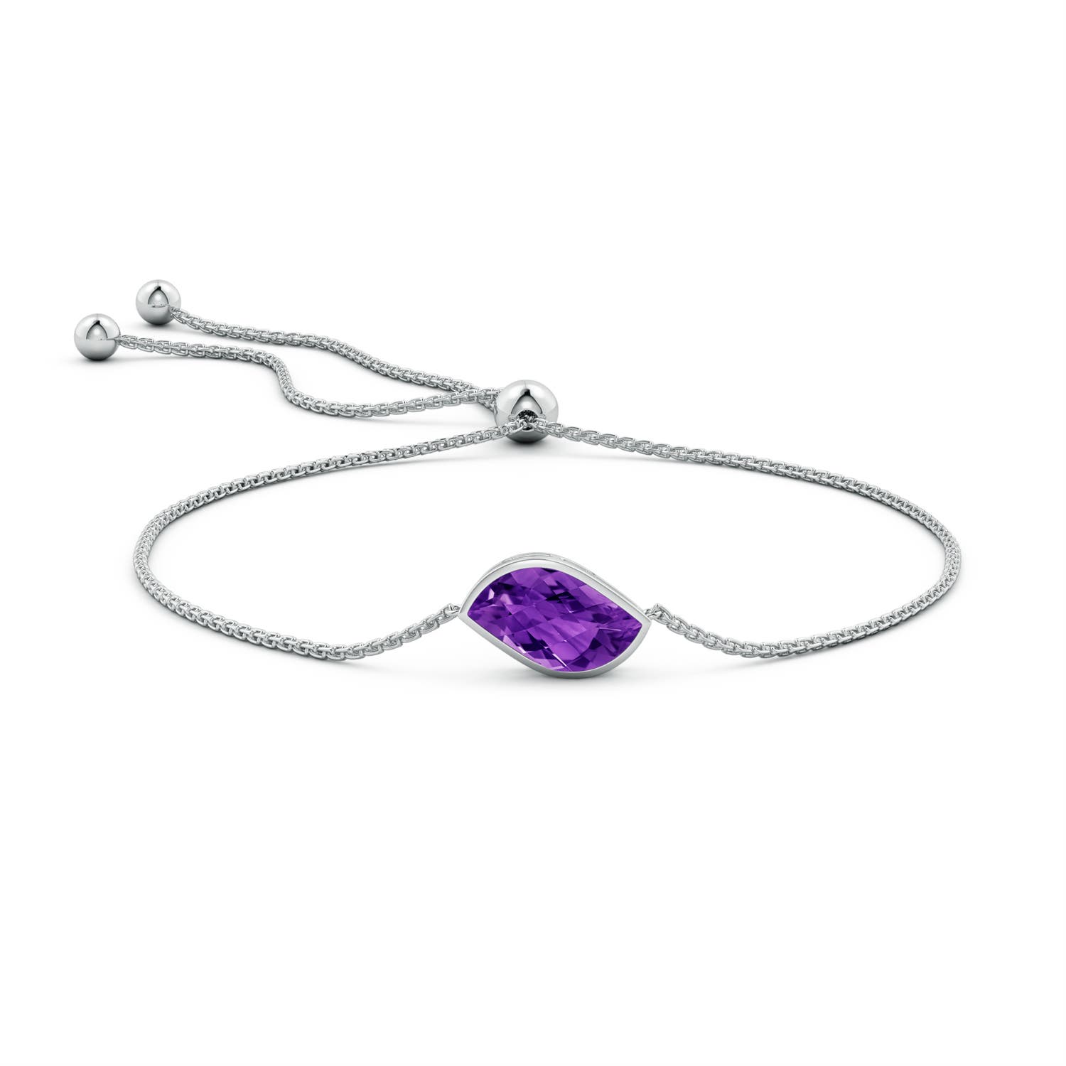 15x9mm AAAA Bezel-Set Leaf-Shaped Amethyst Bolo Bracelet in White Gold - side 1