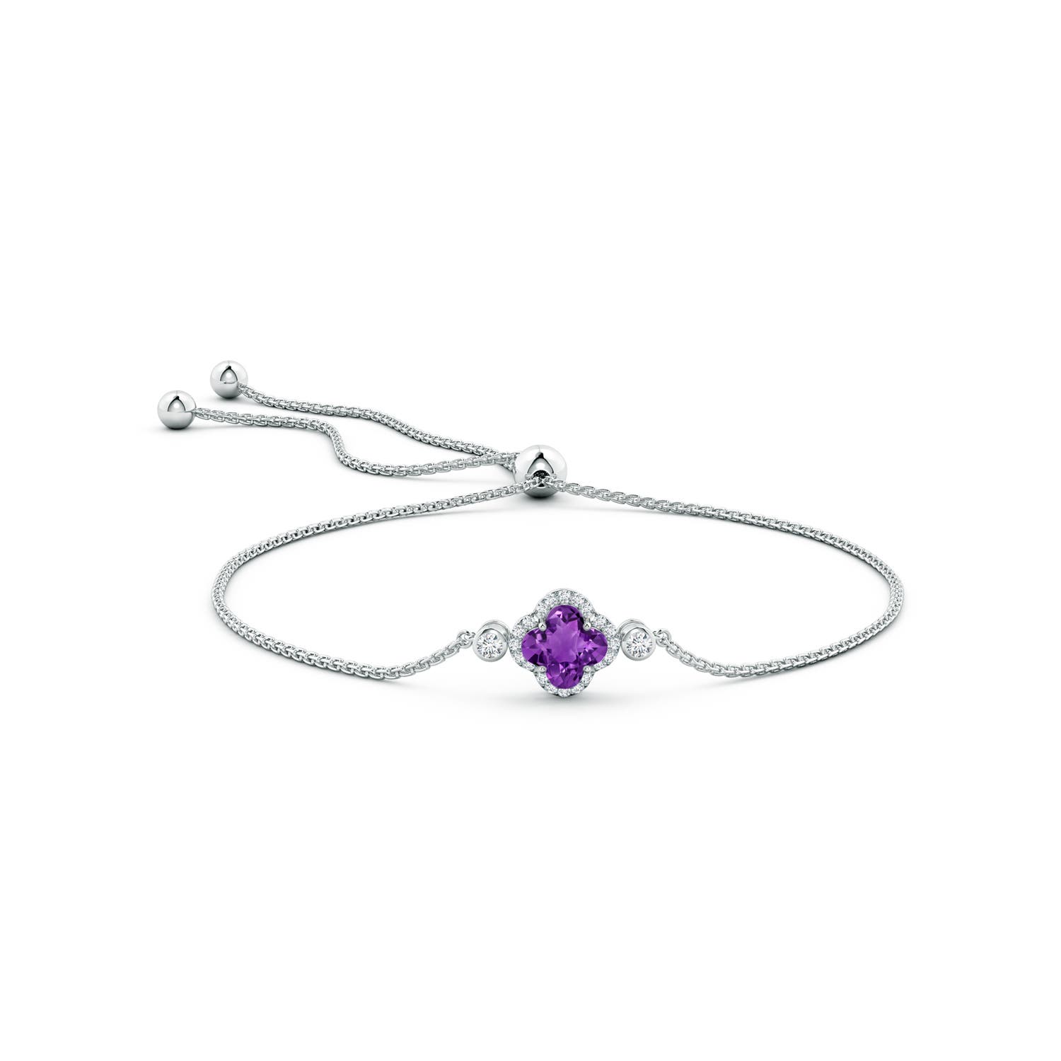 7mm AAAA Clover-Shaped Amethyst Bolo Bracelet with Diamonds in White Gold - side 1