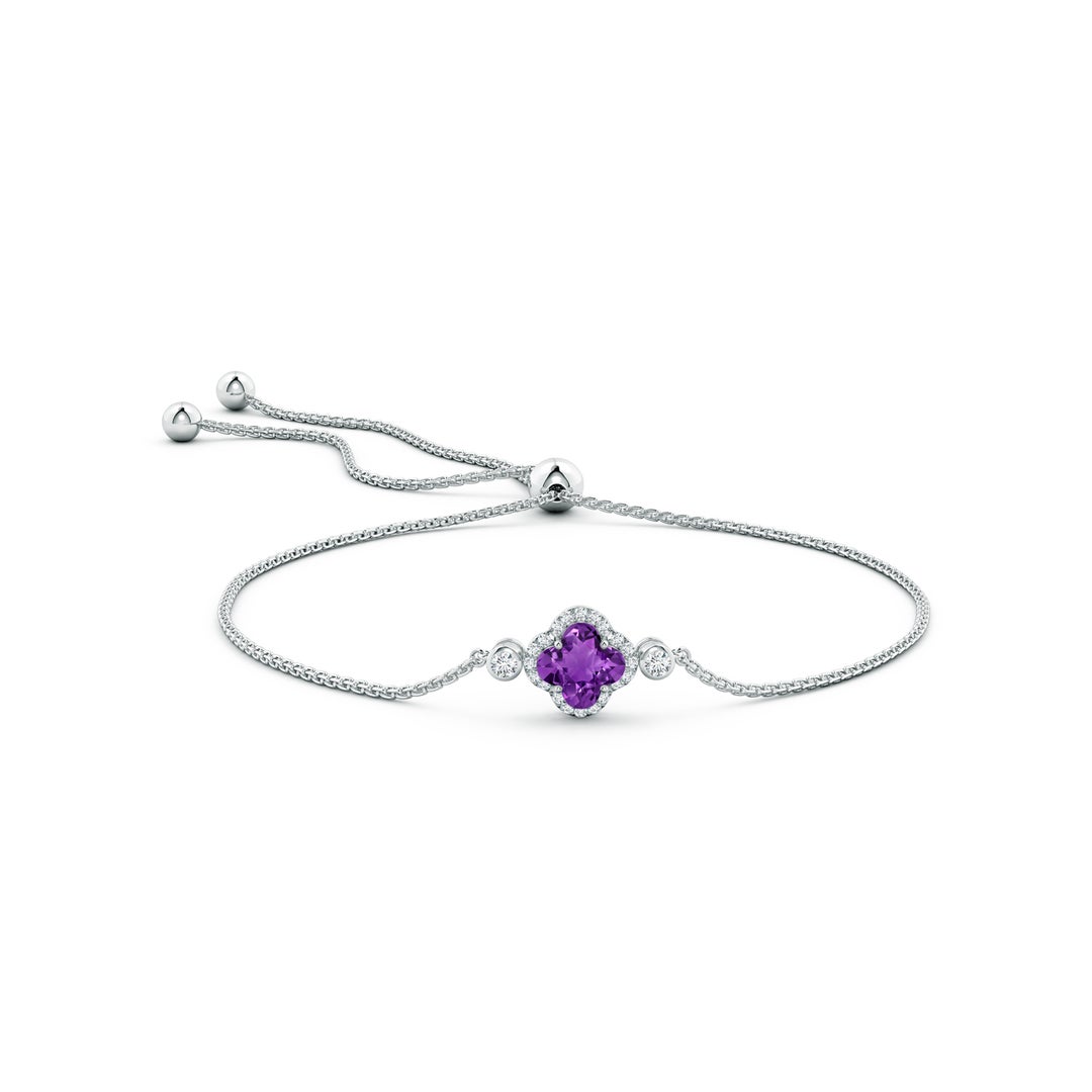 7mm AAAA Clover-Shaped Amethyst Bolo Bracelet with Diamonds in White Gold - side 1