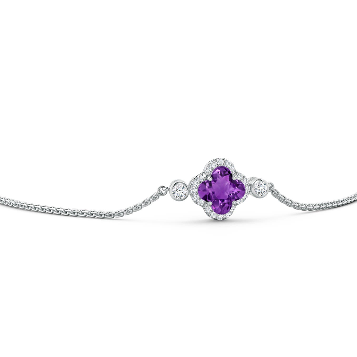 7mm AAAA Clover-Shaped Amethyst Bolo Bracelet with Diamonds in White Gold - side 2
