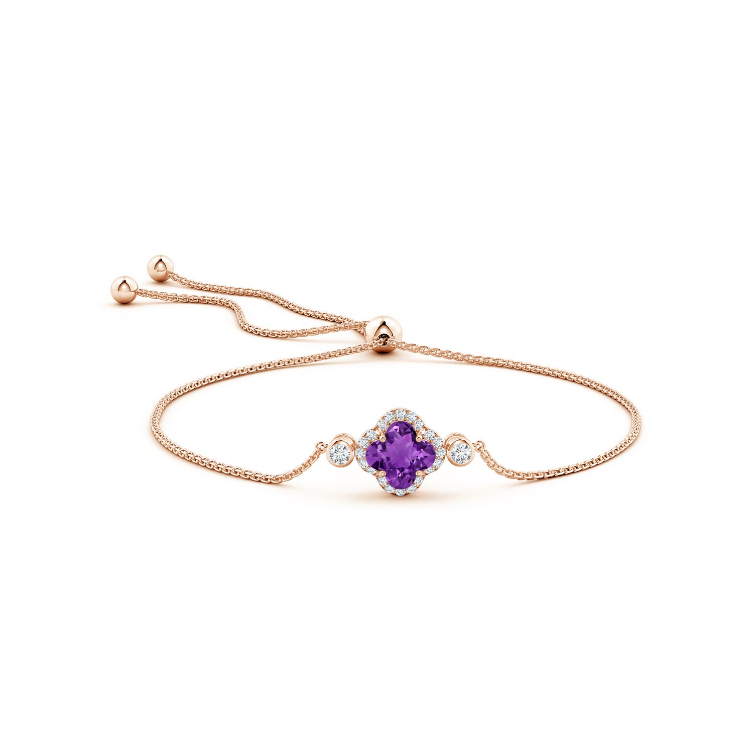 8mm AAAA Clover-Shaped Amethyst Bolo Bracelet with Diamonds in Rose Gold