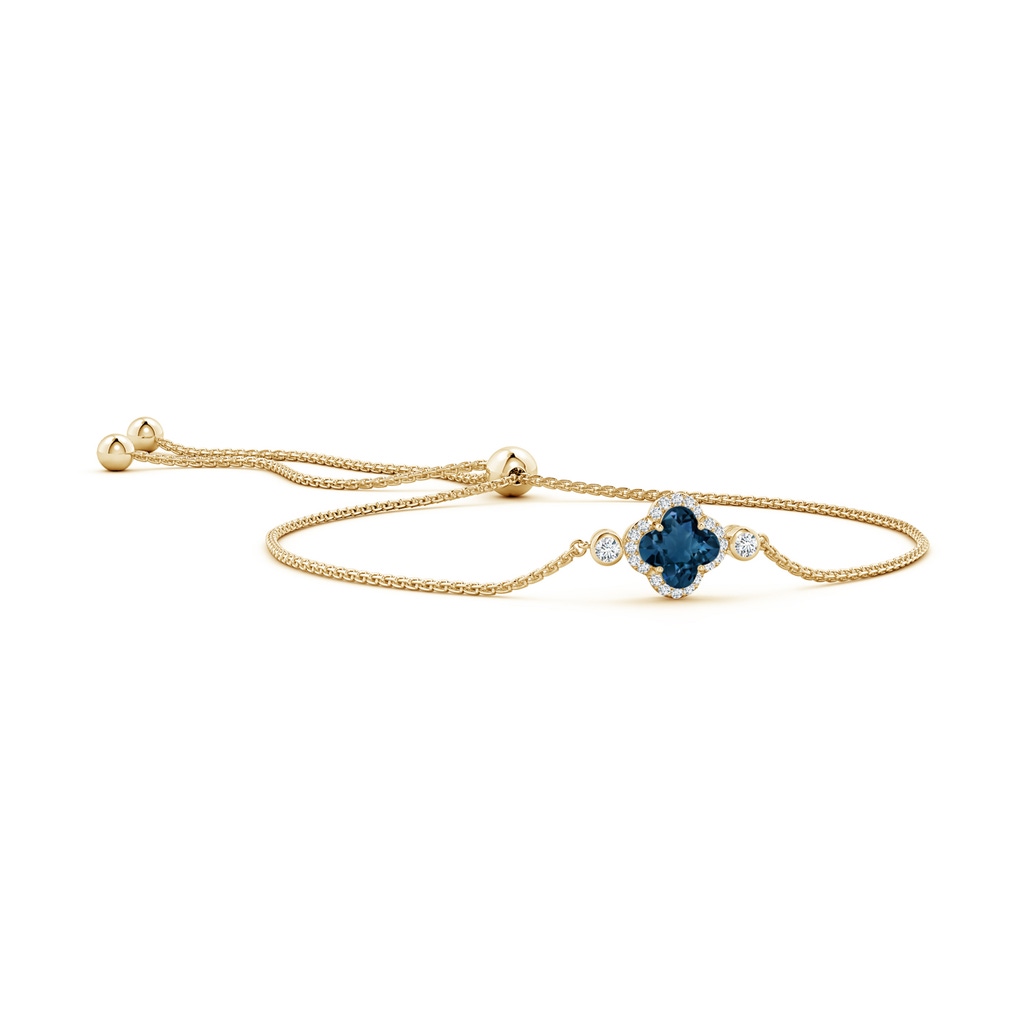 7mm AAAA Clover-Shaped London Blue Topaz Bolo Bracelet with Diamonds in Yellow Gold