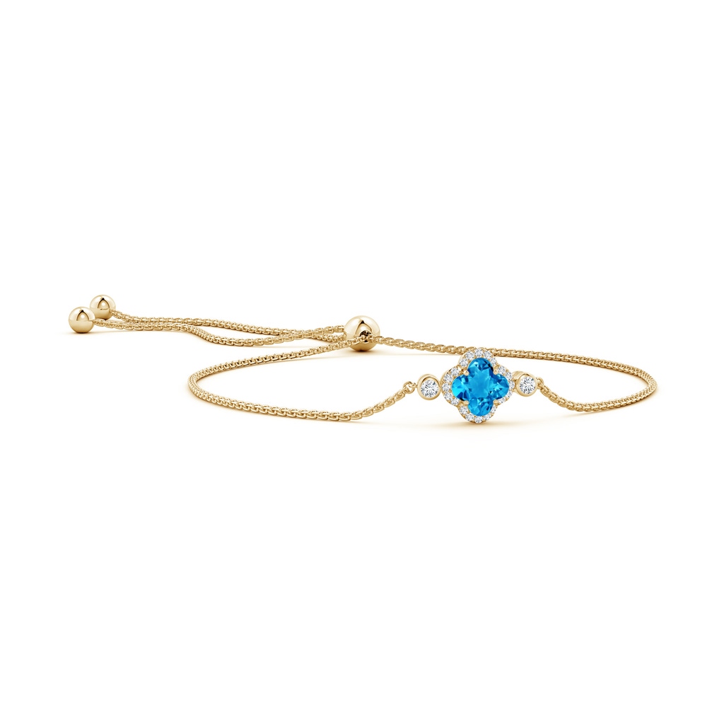 7mm AAAA Clover-Shaped Swiss Blue Topaz Bolo Bracelet with Diamonds in Yellow Gold