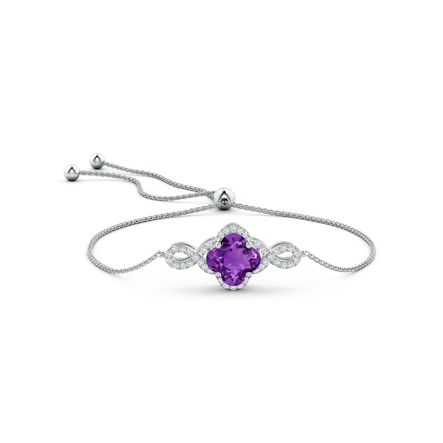 7mm AAAA Clover-Shaped Amethyst Halo Infinity Bracelet in White Gold