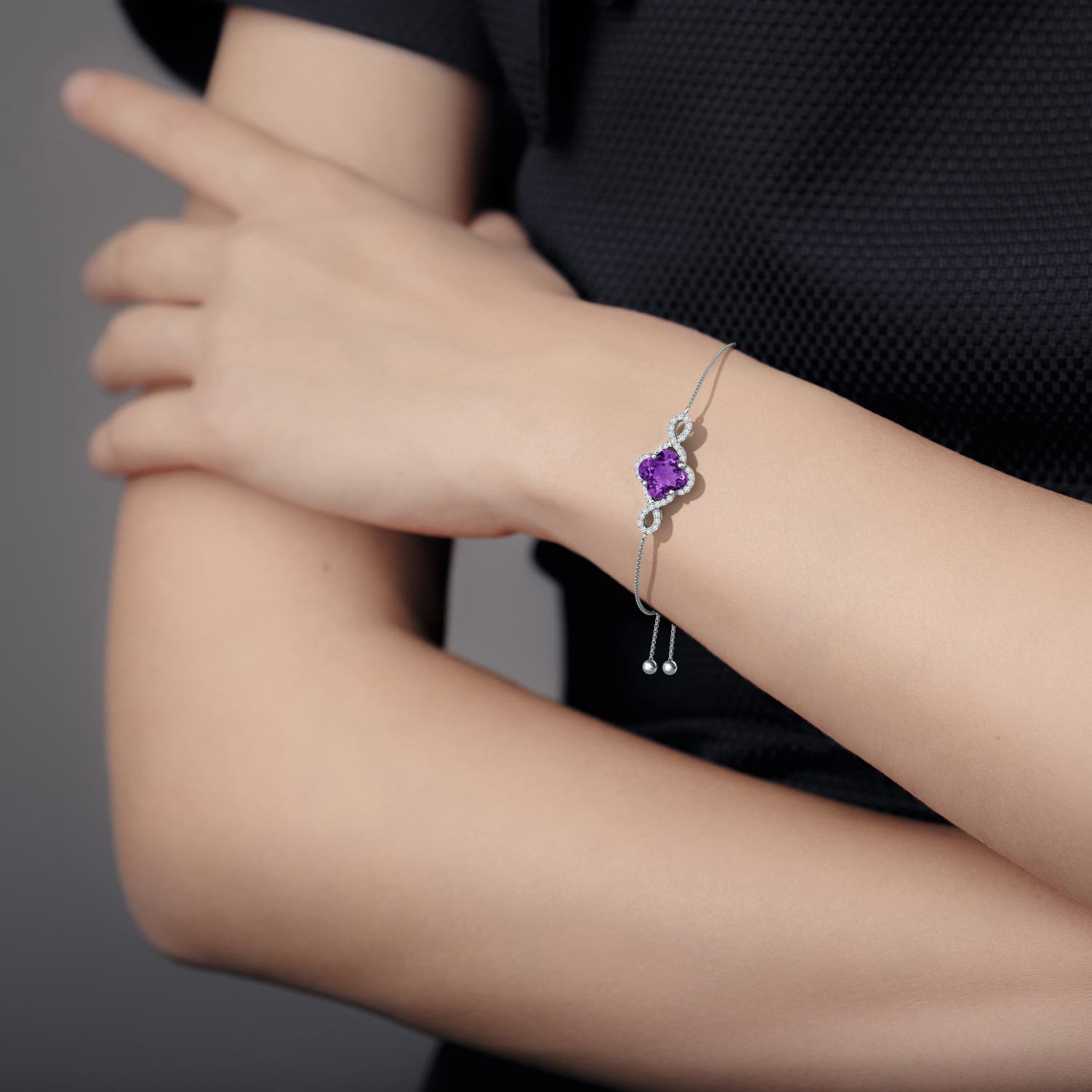 7mm AAAA Clover-Shaped Amethyst Halo Infinity Bracelet in White Gold - body_view 3