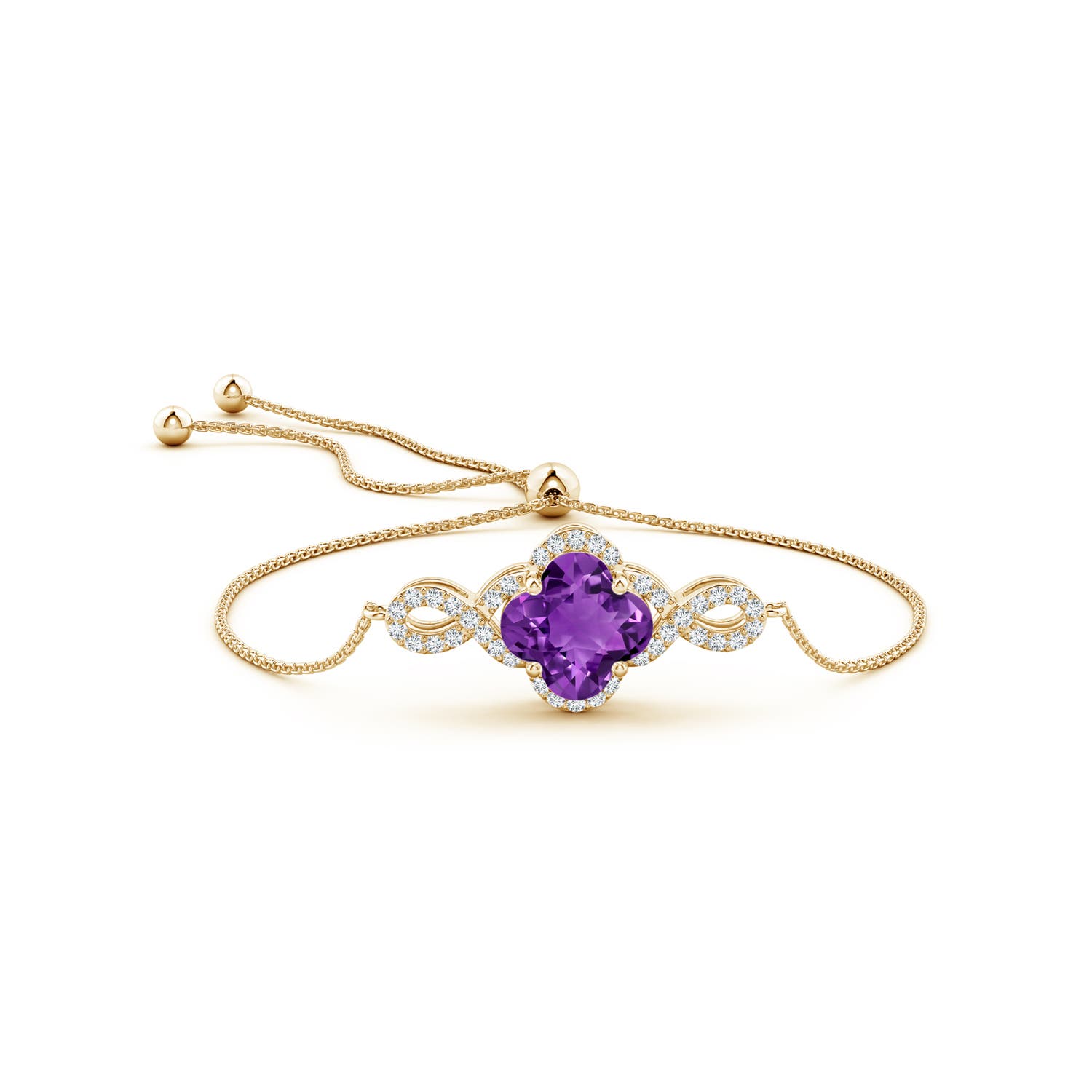 8mm AAAA Clover-Shaped Amethyst Halo Infinity Bracelet in Yellow Gold