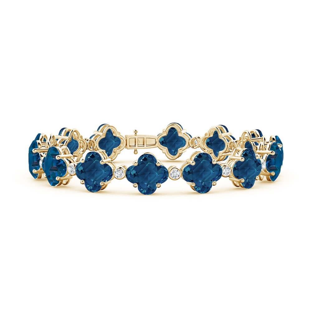 7mm AAAA Clover-Shaped London Blue Topaz Bracelet with Diamonds in Yellow Gold