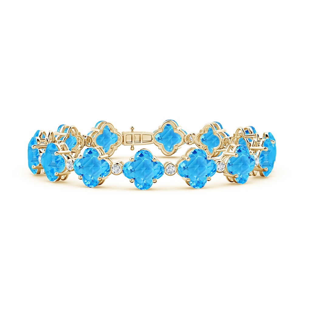 7mm AAAA Clover-Shaped Swiss Blue Topaz Bracelet with Diamonds in Yellow Gold
