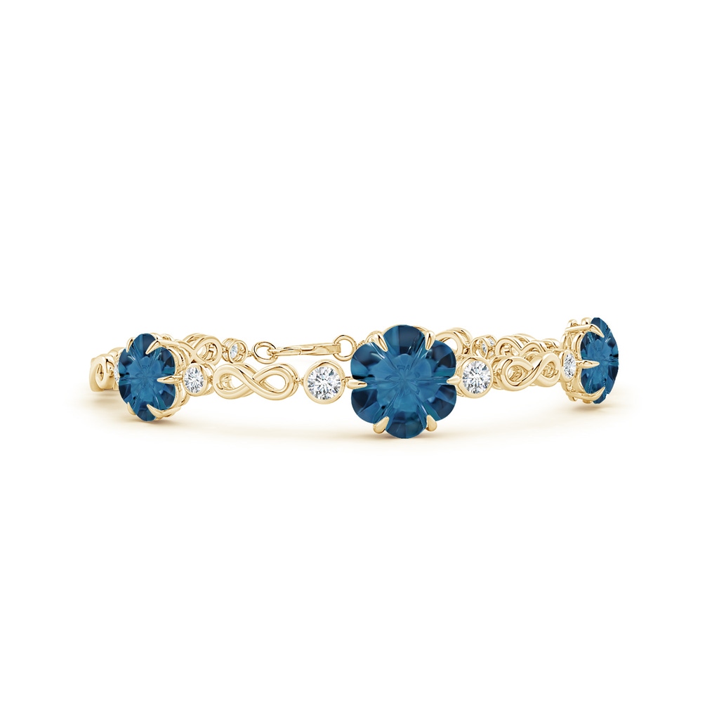 9mm AAAA Six-Petal London Blue Topaz Three-Flower Infinity Bracelet in Yellow Gold