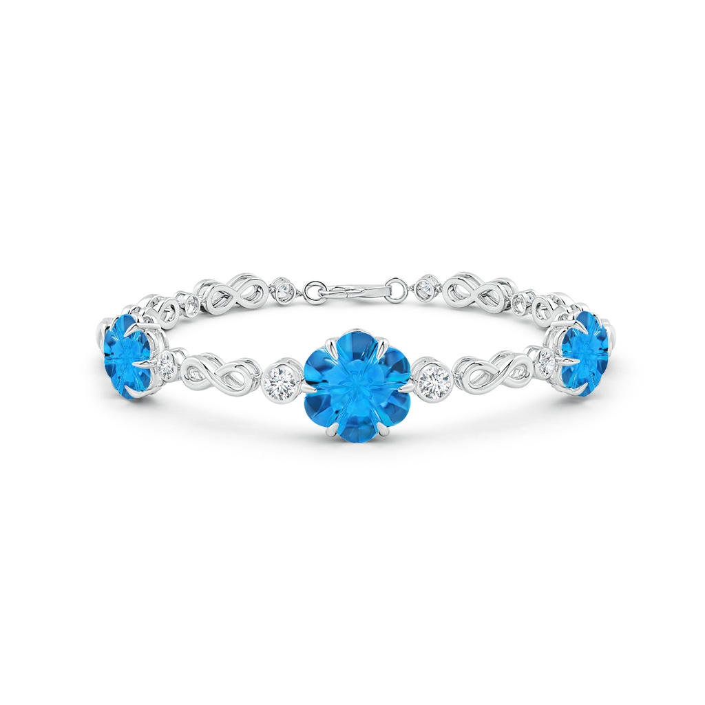9mm AAAA Six-Petal Swiss Blue Topaz Three-Flower Infinity Bracelet in White Gold Side-1