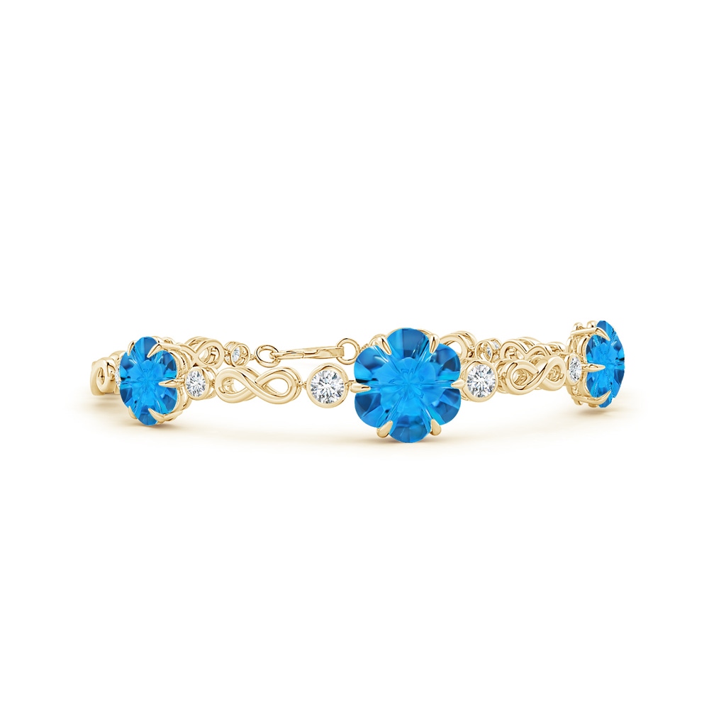 9mm AAAA Six-Petal Swiss Blue Topaz Three-Flower Infinity Bracelet in Yellow Gold