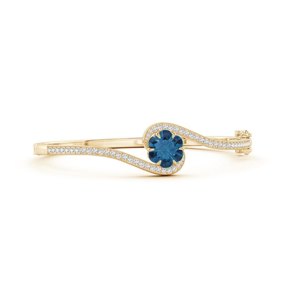 9mm AAAA Six-Petal London Blue Topaz Flower Bypass Bangle Bracelet in Yellow Gold