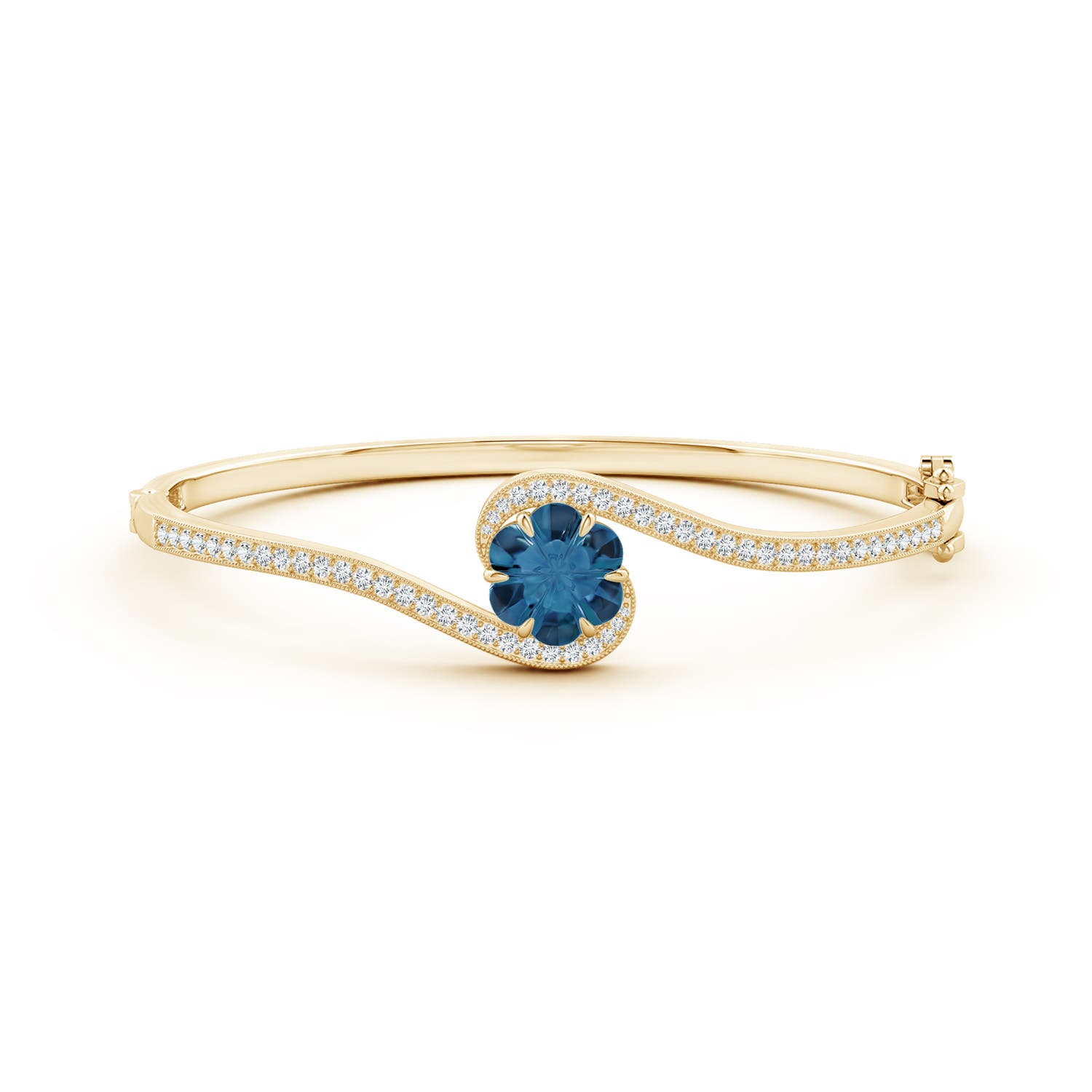 9mm AAAA Six-Petal London Blue Topaz Flower Bypass Bangle Bracelet in Yellow Gold