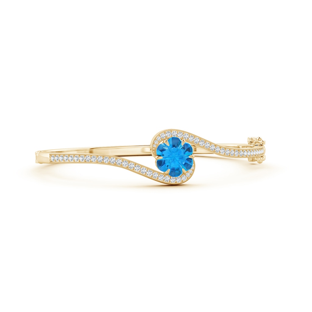 9mm AAAA Six-Petal Swiss Blue Topaz Flower Bypass Bangle Bracelet in Yellow Gold