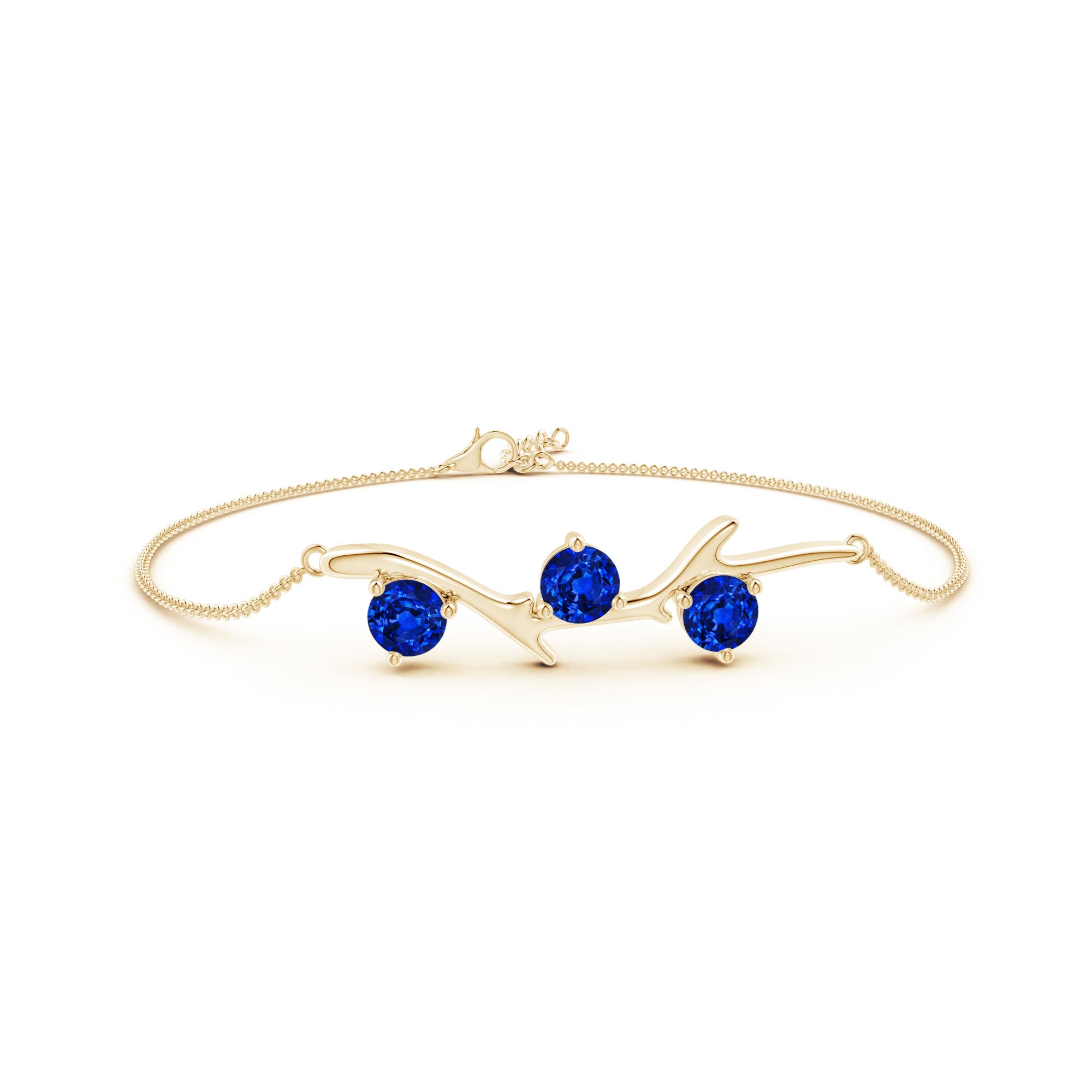 Three Stone Lab Grown Blue Sapphire Yellow Gold Bracelets