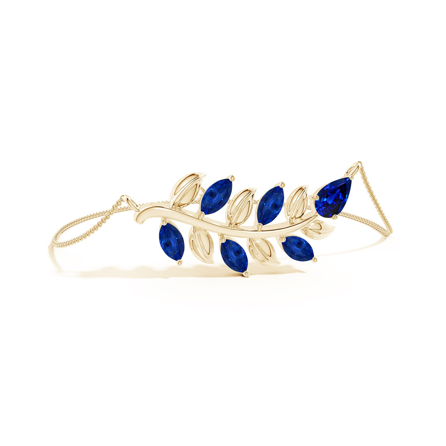 7x5mm Labgrown Lab-Grown Pear and Marquise Blue Sapphire Olive Branch Bracelet in 18K Yellow Gold