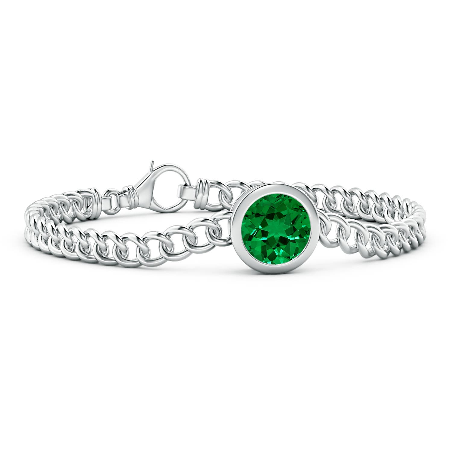 10mm Labgrown Lab-Grown Bezel-Set Round Emerald Chain Bracelet in White Gold