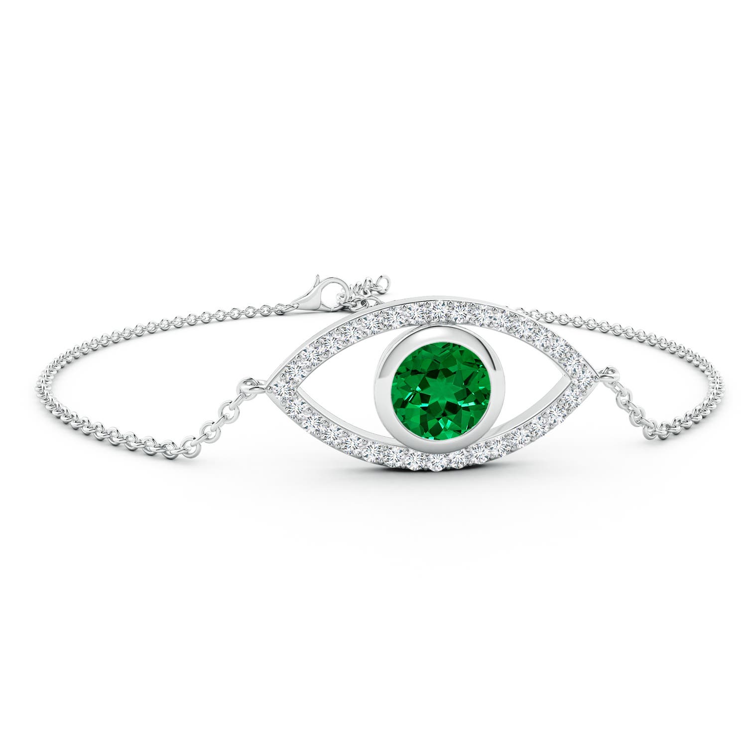 8mm Labgrown Lab-Grown Bezel-Set Emerald and Lab Diamond Evil Eye Bracelet in White Gold