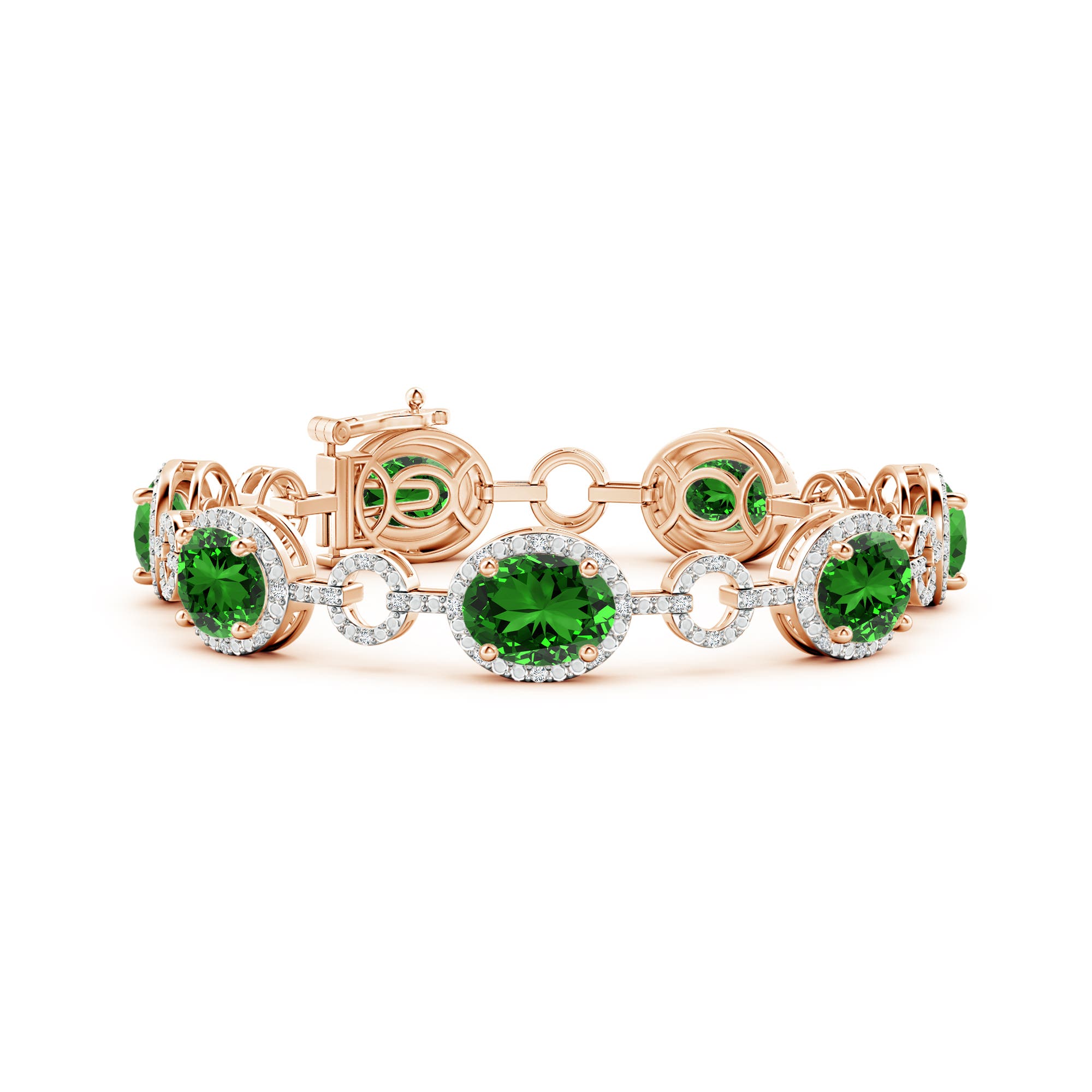 10x8mm Labgrown Lab-Grown Oval Emerald Halo Open Circle Link Bracelet in Rose Gold