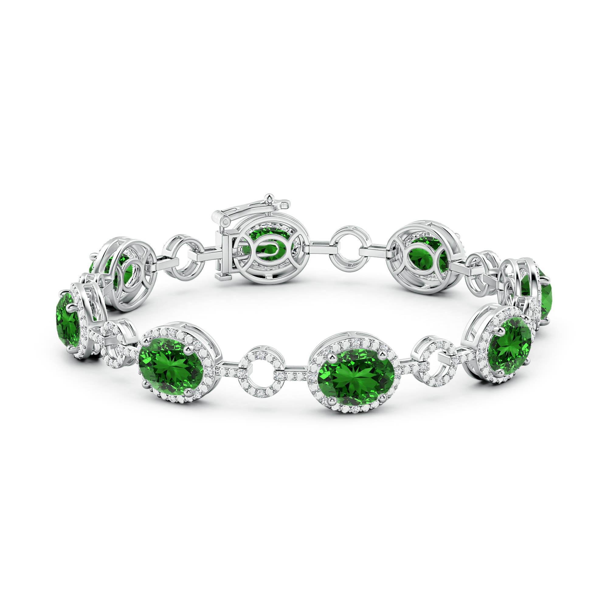 9x7mm Labgrown Lab-Grown Oval Emerald Halo Open Circle Link Bracelet in White Gold - side 3