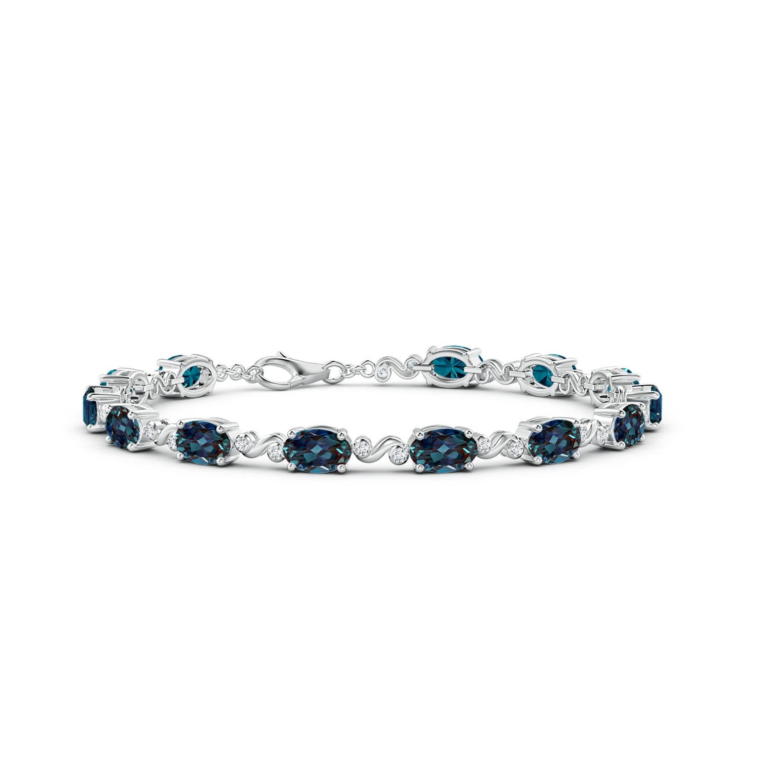 6x4mm Labgrown Oval Lab-Grown Alexandrite Swirl Bracelet with Bezel Diamonds in 18K White Gold
