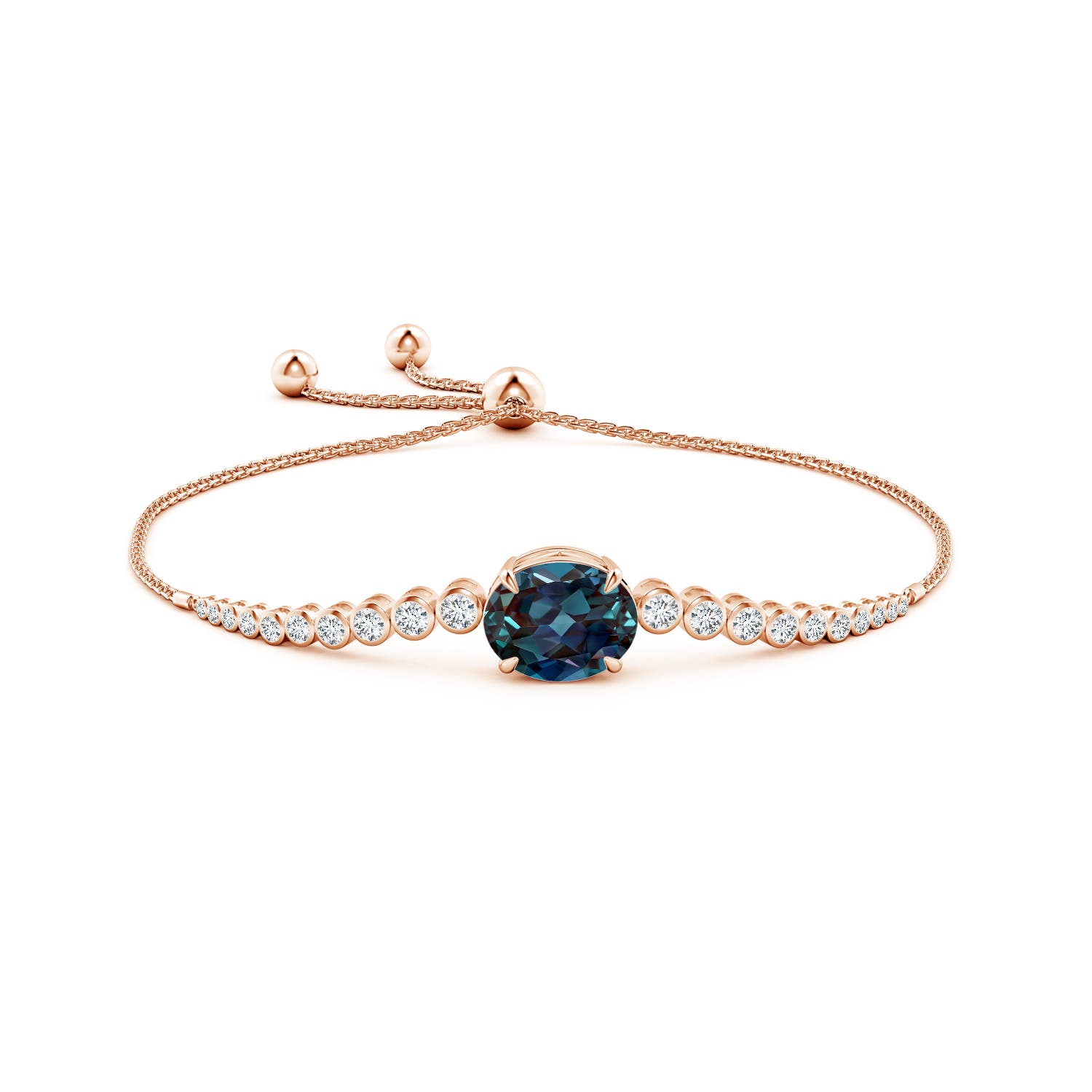 12x10mm Labgrown Oval Lab-Grown Alexandrite Bolo Bracelet with Bezel Diamonds in Rose Gold