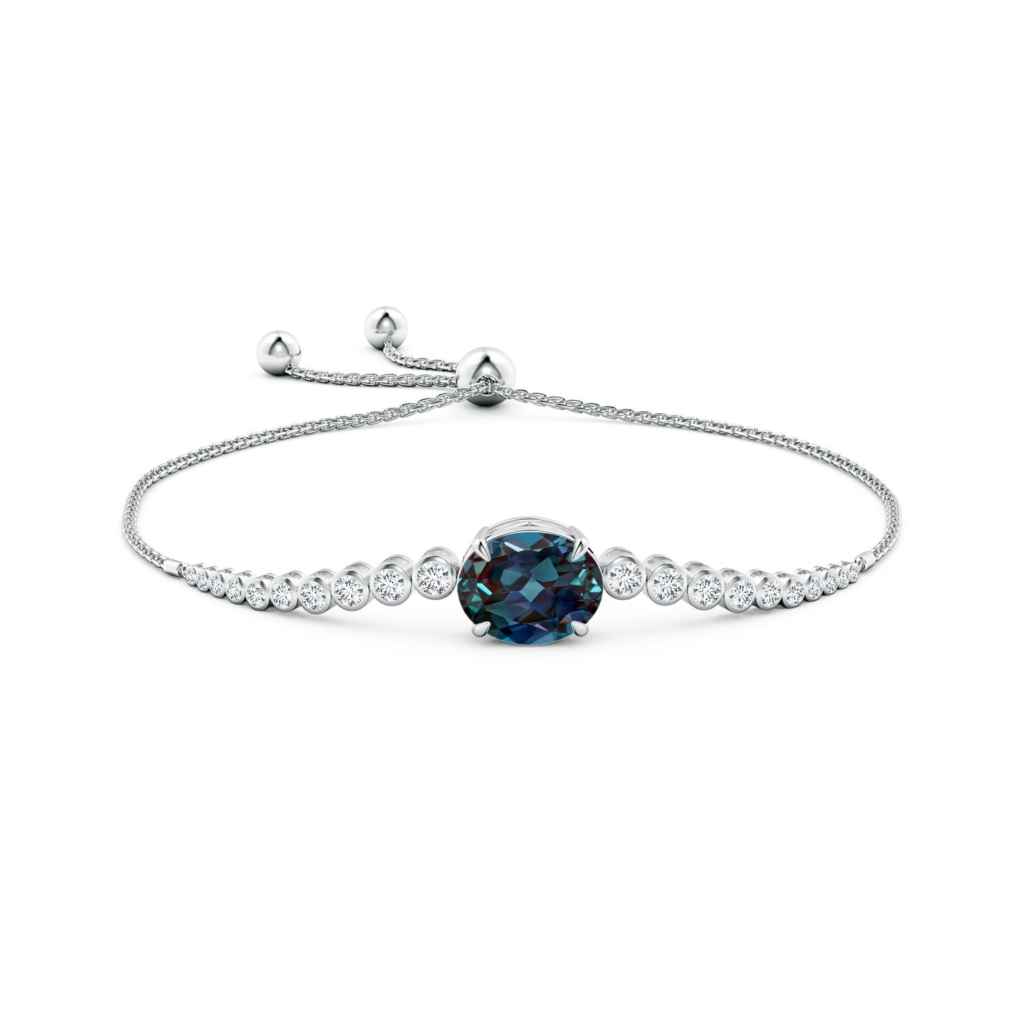 12x10mm Labgrown Oval Lab-Grown Alexandrite Bolo Bracelet with Bezel Diamonds in White Gold
