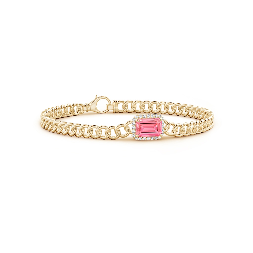 8x6mm Labgrown Emerald-Cut Lab-Grown Fancy Intense Pink Diamond Bracelet with Halo in Yellow Gold